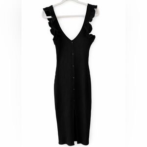 Zara Black Ribbed Midi Dress Small Ruffle Strap Stretch Bodycon Minimalist